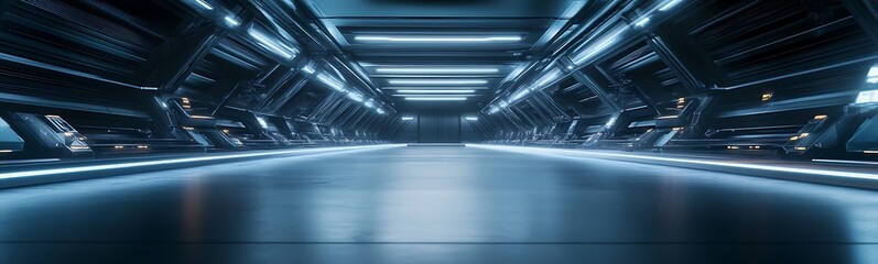Poster - A futuristic, dimly lit corridor with sleek metallic surfaces and glowing lights, suggesting a high-tech environment.