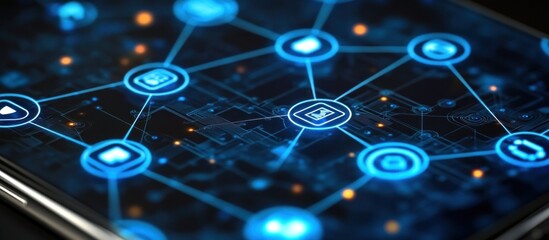 Canvas Print - abstract close up of a smartphone displaying a network of connected blue icons on a dark background.