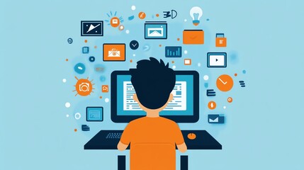 Leinwandbilder - A man sits at a computer with many icons surrounding him, symbolizing the digital world and its complexities.