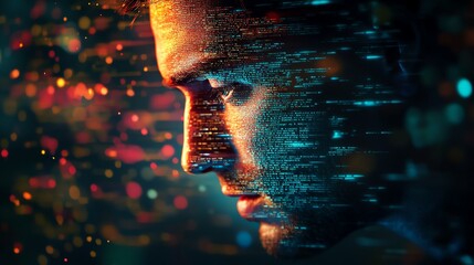 Aufkleber - A man's face is composed of digital code, symbolizing the digital age and the convergence of technology and humanity.
