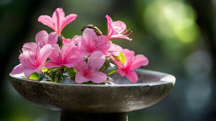 Wall Mural - A cluster of delicate pink azalea blossoms in a stone birdbath, bathed in soft sunlight.