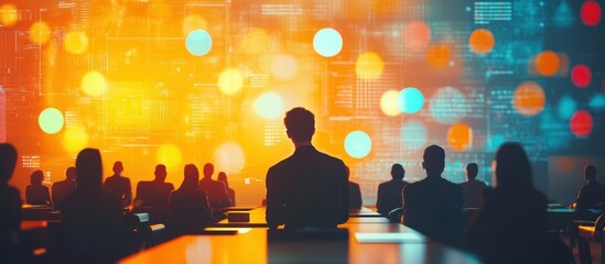 Wall Mural - silhouettes of a diverse group of people looking at a screen with a bokeh background.