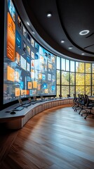 Aufkleber - A modern conference room with a curved wall of windows and a large digital display showing a variety of images.