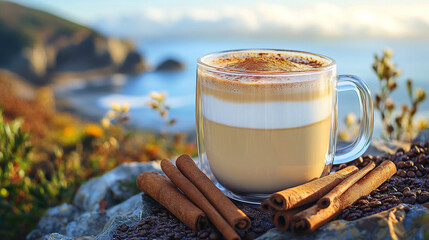 Hot chocolate with whipped cream on top, with brown sugar and cinnamon sticks next to it, nature background.