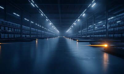 Leinwandbilder - A dimly lit warehouse interior features vast aisles of shelves, showcasing a futuristic and industrial atmosphere with an emphasis on technology.