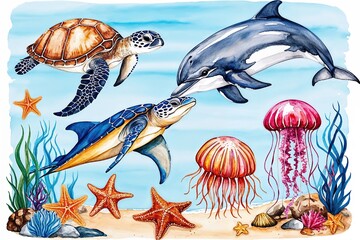 vibrant coastal wildlife watercolor illustration featuring dolphin, sea turtle, jellyfish, manta ray