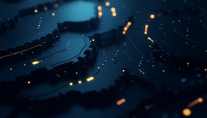 Poster - A detailed, abstract digital landscape with glowing elements and a dark blue background, creating a futuristic visual effect.