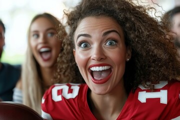 Wall Mural - A woman with red hair and a red jersey is smiling and laughing