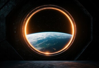 view of the earth from space through a circular window