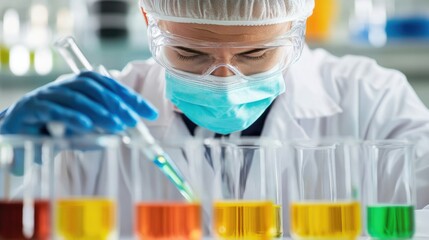 Scientist in protective gear analyzing samples in laboratory