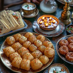 A table set with traditional Middle Eastern sweets, including fried dough pastries, small cakes, and a bowl of candles.