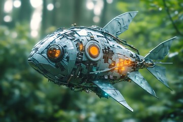 Poster - A robotic fish, designed with intricate details and glowing lights, hovers in a lush green forest.
