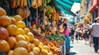 © tanongsak - Vibrant street market with diverse stalls selling colorful fruits and handmade crafts, with people enjoying the atmosphere
