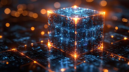 Wall Mural - blue circuits converge into a cube, symbolizing blockchain technology, digital security, and data pr