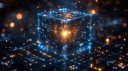 Wall Mural - blue circuits converge into a cube, symbolizing blockchain technology, digital security, and data pr