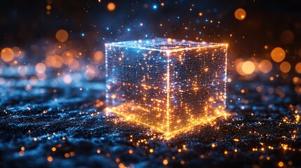 Wall Mural - blue circuits converge into a cube, symbolizing blockchain technology, digital security, and data pr