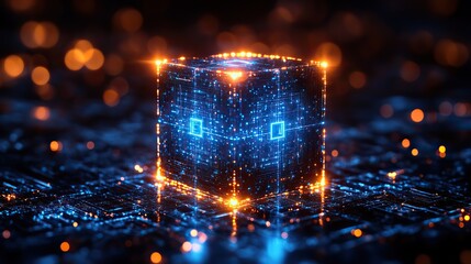 Wall Mural - blue circuits converge into a cube, symbolizing blockchain technology, digital security, and data pr