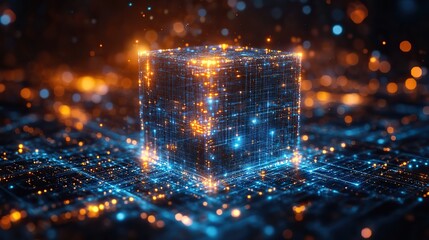 Wall Mural - blue circuits converge into a cube, symbolizing blockchain technology, digital security, and data pr
