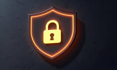 Sticker - 3d security shield with padlock icon on dark background, digital technology and data protection conc