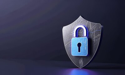 Sticker - 3d security shield with padlock icon on dark background, digital technology and data protection conc