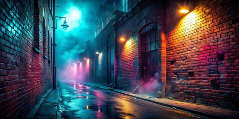 A dimly lit alleyway, veiled in a veil of fog, illuminated by a cascade of colorful light from flickering street lamps, creating an ambiance of mystery and intrigue.