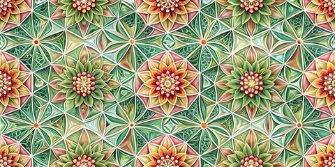 Wall Mural - a geometric tapestry of interlocking floral motifs, woven with hues of green, red, and yellow
