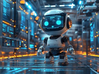 Aufkleber - A white robotic child stands in a futuristic hallway with blue and orange glowing lights.