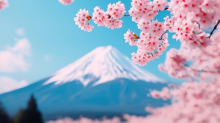 The scenic beauty of mount fuji surrounded blossoming sakura in a detailed iconic illustration