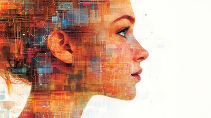 Poster - A woman's profile with a digital pattern overlaying her face, representing the fusion of technology and humanity.