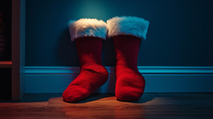 Canvas Print - Cozy red Christmas stockings by a softly lit wall in a warm holiday setting at night