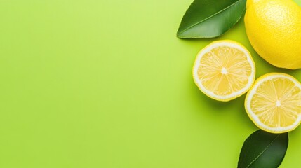 Sticker - Freshly sliced lemons are arranged with a whole lemon against a bright green background, showcasing their juicy texture and color