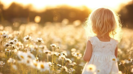 Poster - A girl with wavy hair explores a sunlit field filled with white daisies, basking in the warmth of a beautiful afternoon