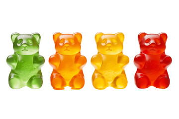 four colorful gummy bears in green, orange, yellow, and red, with vibrant candy appeal isolated on t