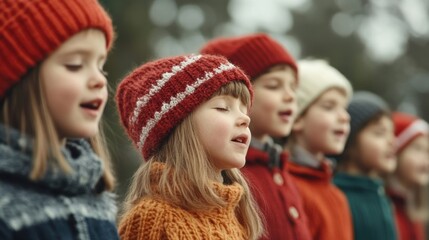 A group of children wearing colorful winter clothing sings cheerful Christmas carols outdoors, spreading holiday joy and goodwill