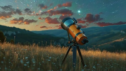 Wall Mural - telescope gazes at stars in a field of flowers at sunset, with mountains in the backdrop, blending n