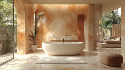 Modern bathroom interior featuring marble and minimalist vanity design in soft tones.