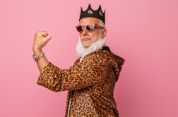 Photo of cool old man winning raise fist wear glamour leopard print outfit isolated pink color background