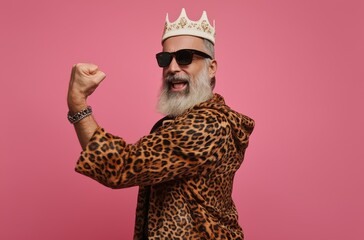 Photo of cool old man winning raise fist wear glamour leopard print outfit isolated pink color background