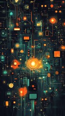 Leinwandbilder - Abstract digital illustration with glowing lights and circuitry patterns.