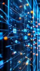 Poster - Abstract digital network with glowing lines and dots on a server rack, representing data flow and connectivity.