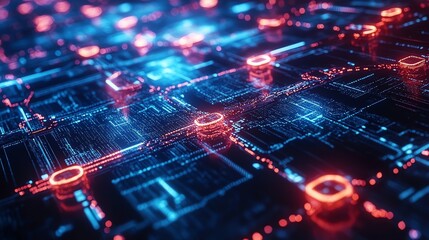 Leinwandbilder - Abstract digital network with glowing lines and nodes in red and blue.