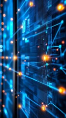 Poster - Abstract image of a server rack with glowing blue and orange lights, representing data flow and connectivity.