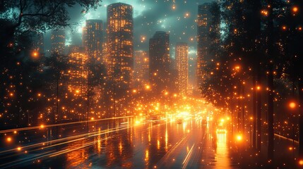 Wall Mural - smart city visualization with interconnected buildings, showcasing the concept of digital urban tran