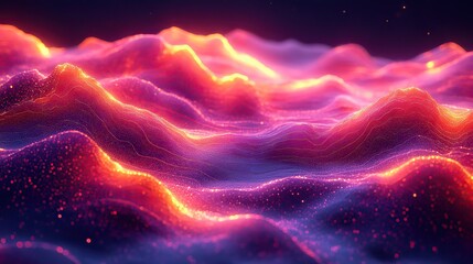 Wall Mural - This 3D topographic map rendering illustrates geographical features, with valleys and mountains represented in an abstract style with neon light effects.