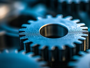 Poster - Close-up of a metal gear with a blurred background of other gears.