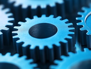 Poster - Close-up of blue metal gears interlocked, representing teamwork and synergy.