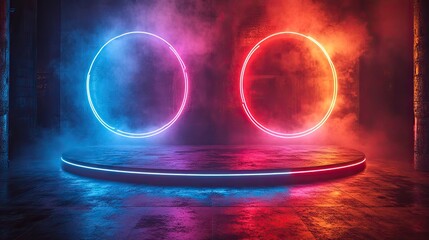 Wall Mural - versus-themed glowing pedestal with red and blue neon lights, symbolizing competition or battle.