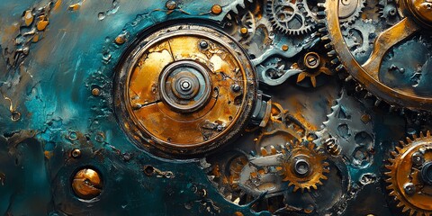 Poster - Close-up of intricate metal gears and cogs in a steampunk style, with a worn blue and gold finish.