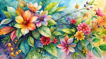 Wall Mural - Vibrant Watercolor Depiction of Blossoming Flowers and Lush Foliage, Enchanting with Hues of Yellow, Orange, Red, Purple, and Green