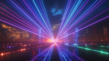 Poster - Colorful laser beams illuminate the night sky over a cityscape.